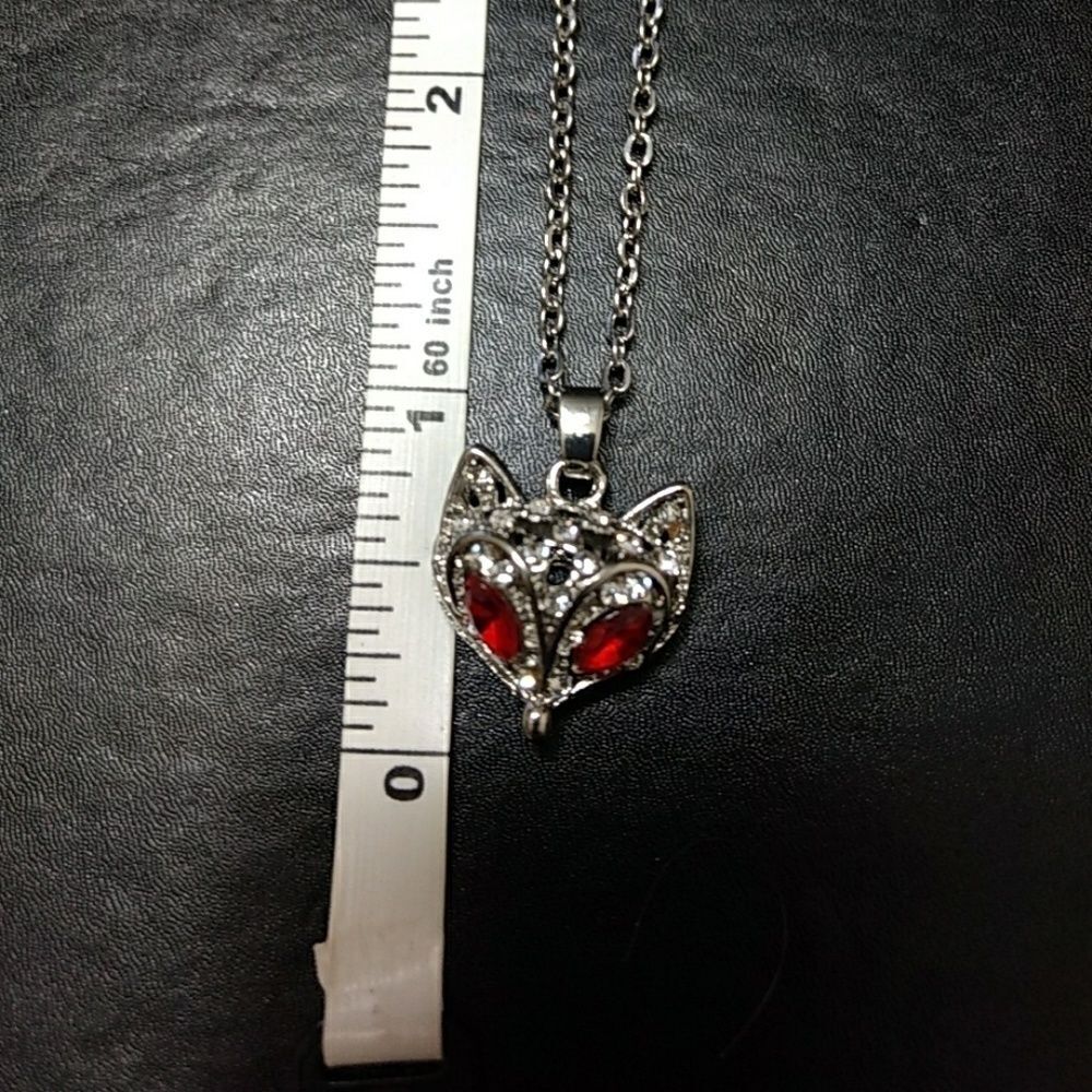 Silver tone fox pendant necklace 20" red rhinestone - Picture 5 of 6